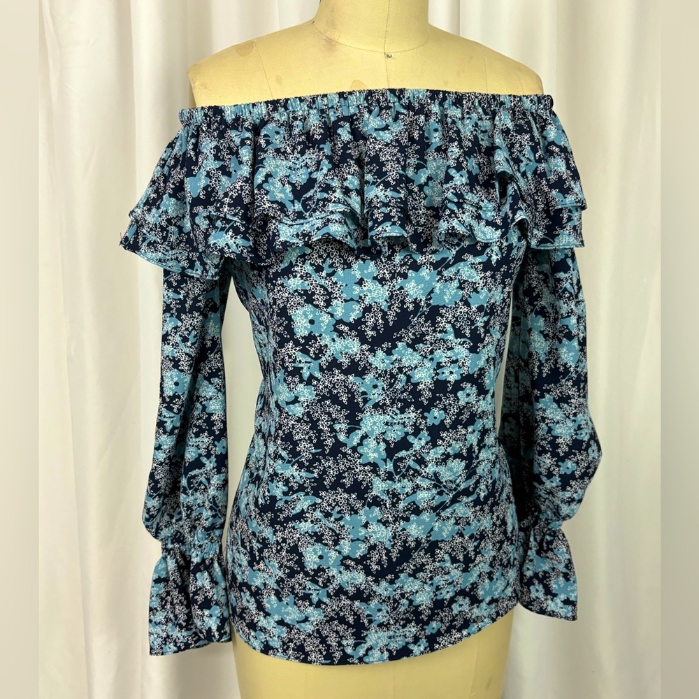 Michael Kors Blue Floral Ruffled Summer Bohemian Hippie Top Shirt X Small